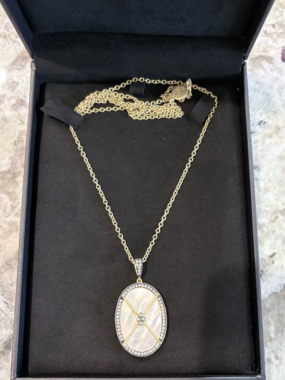 Freida Rothman 30” long REVERSIBLE mother of pearl gold silver 925 necklace!
